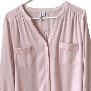 ELLE Long Sleeve Mandarin Notched V-neck Blouse